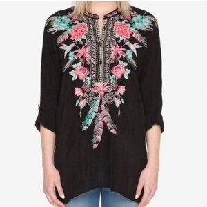 Johnny Was Black Half Button Embroidered Top Floral and Hummingbird Embroidery